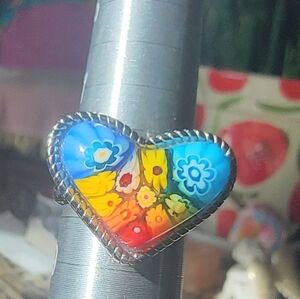Murano Millefiori Style Glass Heart Ring 💛♥️💙🩷
